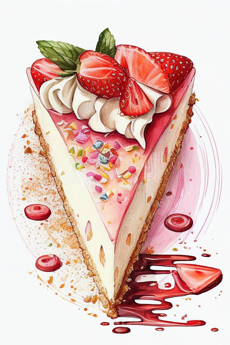 Delicioso pedaço de cheesecake de morango Bolo aquarela