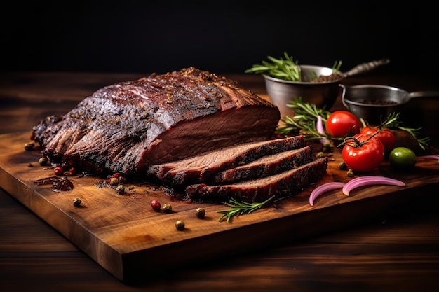 Delicioso peito de churrasco em uma tábua de madeira