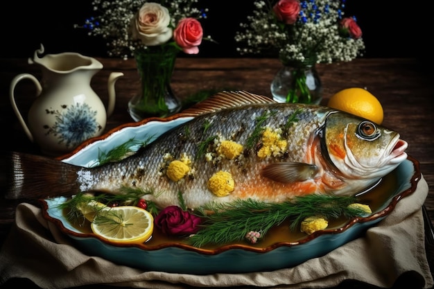 Delicioso peixe assado em um prato em uma mesa de perto