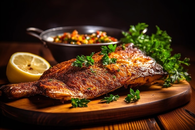 Delicioso peixe enegrecido em mesa de madeira criado com ferramentas generativas de IA