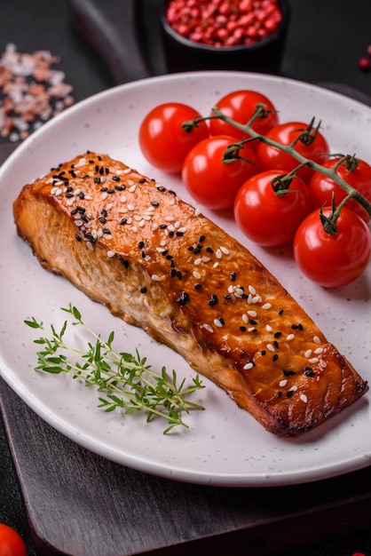 Delicioso peixe vermelho grelhado fresco com especiarias salgadas e ervas em um fundo escuro de concreto