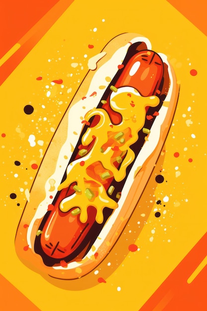 Delicioso perrito caliente americano saboroso bocadillo de comida rápida con mostaza y ketchup en una ilustración de dibujos animados retro