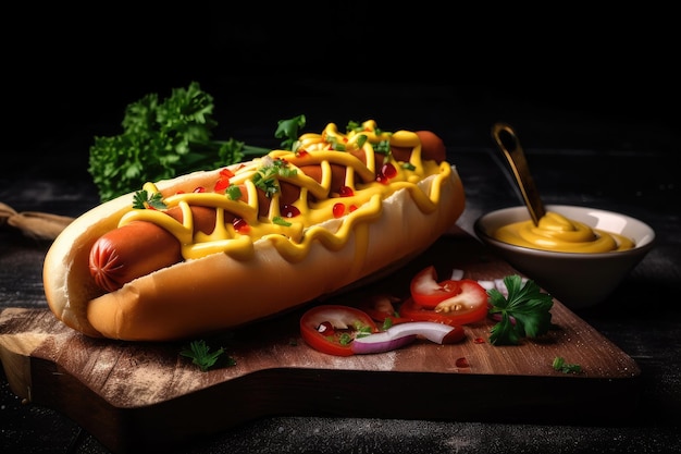 Delicioso perrito caliente con ketchup de mostaza picante y condimento