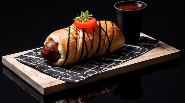 Delicioso perrito caliente con ketchup y mostaza sobre un fondo negro