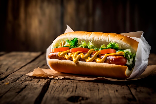 Delicioso perrito caliente en una mesa rústica de madera IA generada Comida rápida Comida callejera