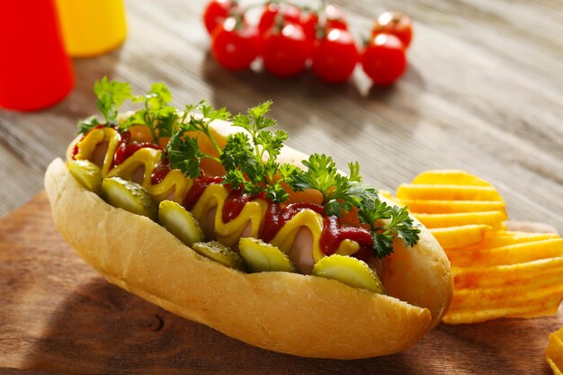 Delicioso perrito caliente con patatas fritas y verduras sobre fondo de madera