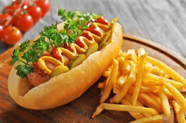 Delicioso perrito caliente con patatas fritas y verduras sobre fondo de madera