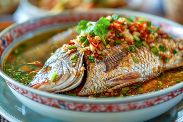 Delicioso pescado entero al vapor con hierbas frescas y chiles en salsa de estilo asiático de cerca en un