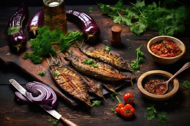 Delicioso Pescado Frito con Berenjenas Fritas, Cebolla y Pimientos Una Mezcla de Sabores en un Bo de Madera Rústica