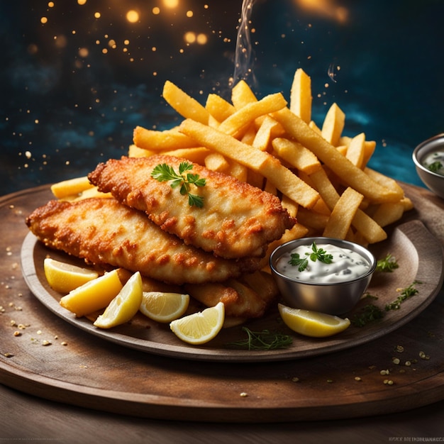 Foto delicioso pescado inglés y papas fritas plato clásico disfrutado durante siglos publicidad cinematográfica fotografía