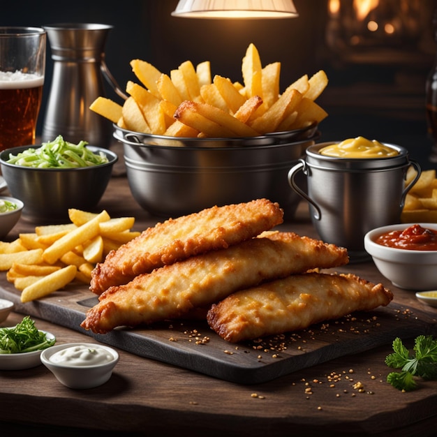 Foto delicioso pescado inglés y papas fritas plato clásico disfrutado durante siglos publicidad cinematográfica fotografía