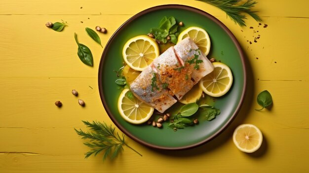 Foto delicioso pescado mahi mahi con limón en un plato redondo de nuevo estilo