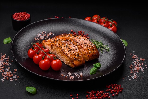 Delicioso pescado rojo fresco a la parrilla con especias saladas y hierbas sobre un fondo de hormigón oscuro