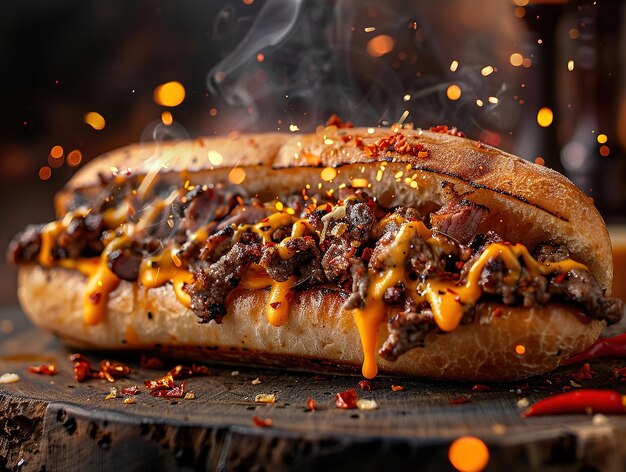 Delicioso Philly cheesesteak fotografia explosão sabores estúdio iluminação estúdio fundo bem iluminado cores vibrantes foco afiado caseiro Philly Cheesesteak sanduíche com cebolas e pimentas