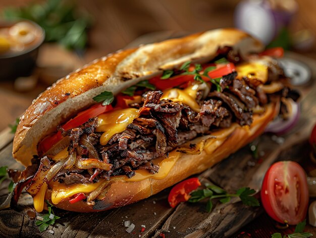 Delicioso Philly cheesesteak fotografia explosão sabores estúdio iluminação estúdio fundo bem iluminado cores vibrantes foco afiado caseiro Philly Cheesesteak sanduíche com cebolas e pimentas