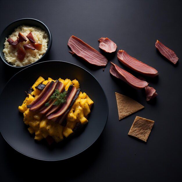 delicioso plato de carne con tocino y queso amarillo acompañado de papas fritas en la mesa