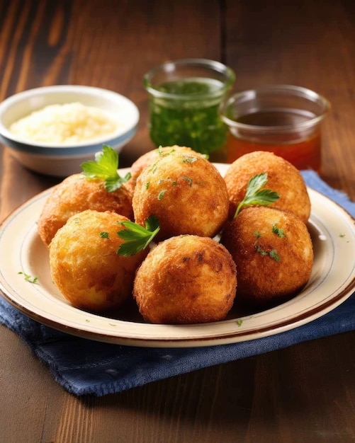 Delicioso plato de comida brasileña Bolinho de Bacalhau con fondo de estudio oscuro