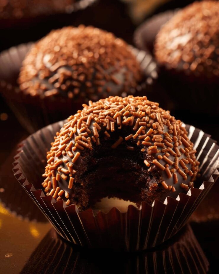 Delicioso plato de comida brasileña Brigadeiro con fondo de estudio oscuro
