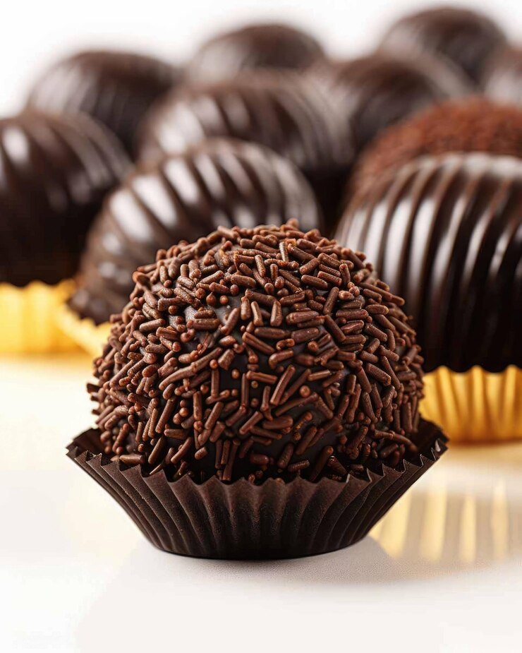 Delicioso plato de comida brasileña Brigadeiro con fondo de estudio oscuro
