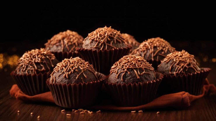 Delicioso plato de comida brasileña Brigadeiro con fondo de estudio oscuro