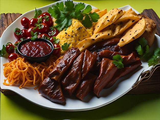 Delicioso plato de comida brasileña carne asada con salsa verduras arroz y papas fritas ai generativo