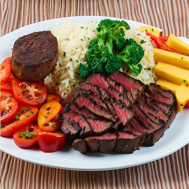 Delicioso plato de comida brasileña carne asada con salsa verduras arroz y papas fritas generativo ai