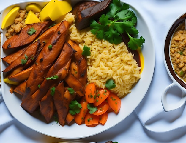 Delicioso plato de comida brasileña carne frita con salsa arroz vegetal y papas fritas AI generativa