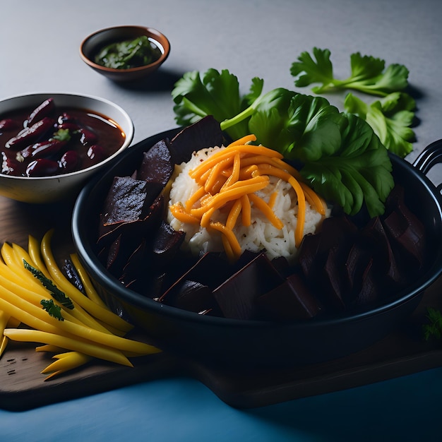 Delicioso plato de comida brasileña Caruru con fondo de estudio oscuro