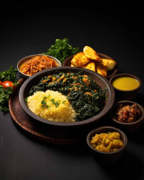 Delicioso plato de comida brasileña Caruru con fondo de estudio oscuro