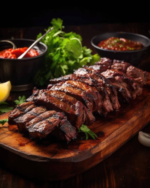 Delicioso plato de comida brasileña Churrasco con fondo de estudio oscuro