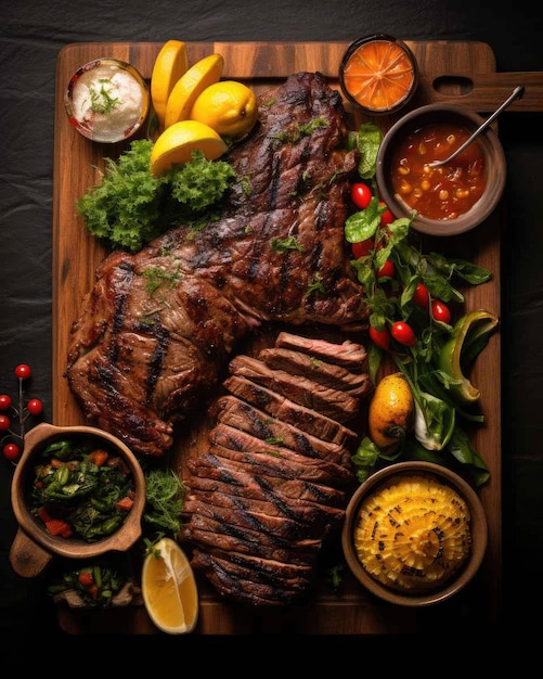 Delicioso plato de comida brasileña Churrasco con fondo de estudio oscuro