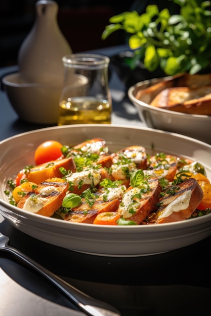 Foto un delicioso plato de comida servido con pan recién horneado