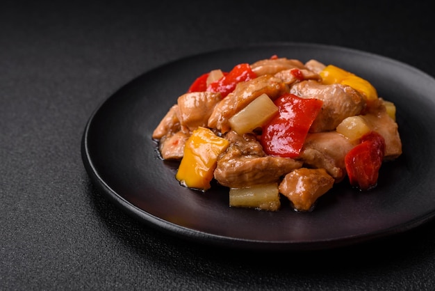 Un delicioso plato compuesto por rodajas de pollo, pimientos dulces y cebollas con sal y especias sobre un fondo de hormigón oscuro