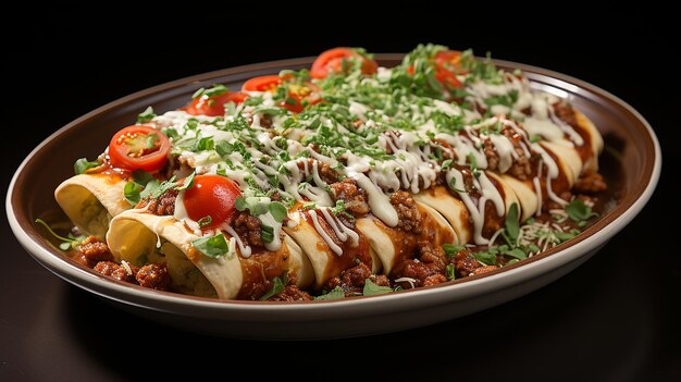 Un delicioso plato de enchiladas aislado sobre un fondo blanco