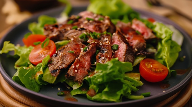 Un delicioso plato de ensalada de bistec a la parrilla adornada con lechuga fresca y tomates