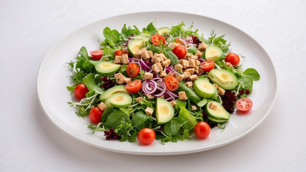 Un delicioso plato de ensalada sobre un fondo blanco