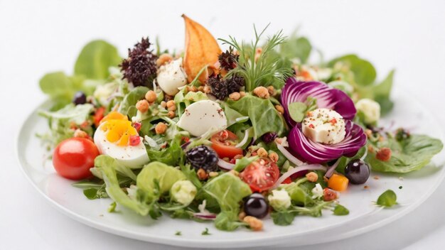 Un delicioso plato de ensalada sobre un fondo blanco