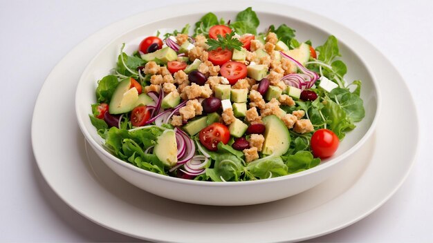 Un delicioso plato de ensalada sobre un fondo blanco