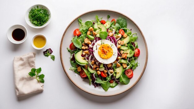 Un delicioso plato de ensalada sobre un fondo blanco