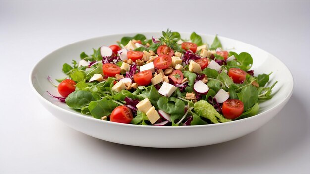 Un delicioso plato de ensalada sobre un fondo blanco