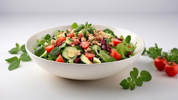 Un delicioso plato de ensalada sobre un fondo blanco