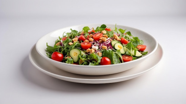 Un delicioso plato de ensalada sobre un fondo blanco
