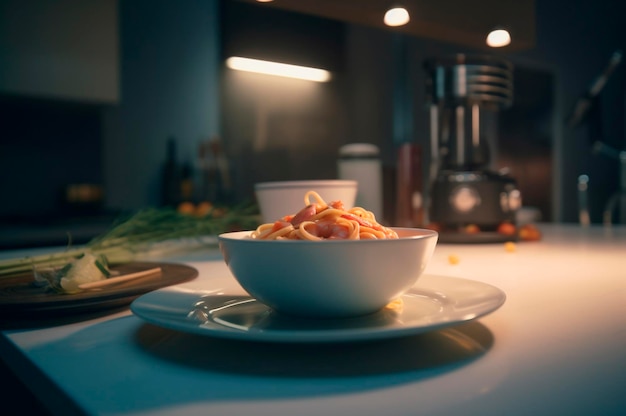 Un delicioso plato de gambas con pasta fettuccine en una mesa de cocina generado por IA