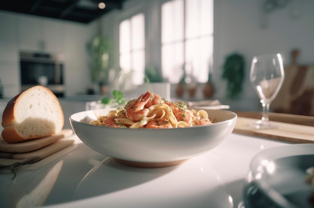 Un delicioso plato de gambas con pasta fettuccine en una mesa de cocina generado por IA