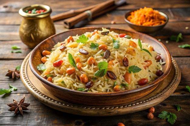 Delicioso plato indio de arroz con especias y hierbas en un plato de madera