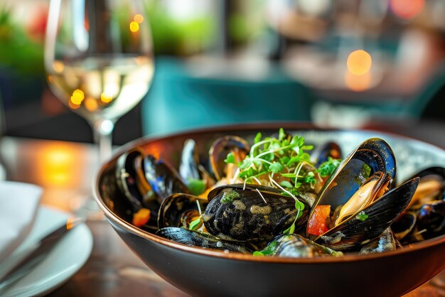 Un delicioso plato de mejillones negros con vino blanco.