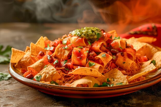 Delicioso plato de nachos con tomates de queso derretido Jalapenos Guacamole en la mesa rústica mexicano