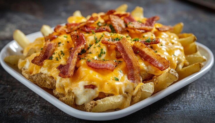 Un delicioso plato de papas fritas cargadas con queso derretido tocino crujiente y hierbas perfectas para comer o compartir