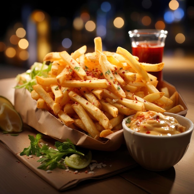 Un delicioso plato de papas fritas servidas con una guarnición de ketchup