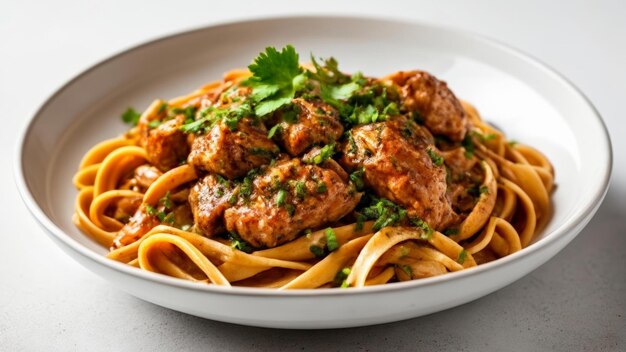 Un delicioso plato de pasta con albóndigas y hierbas listo para ser saboreado